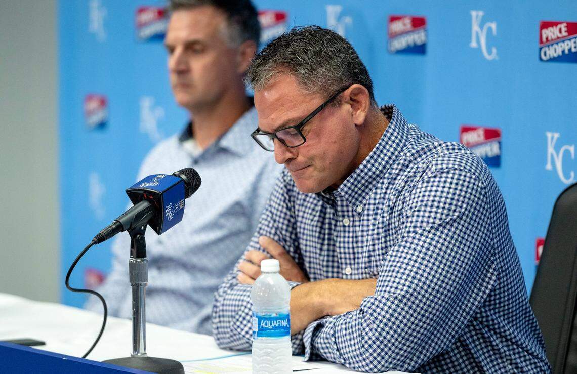 Kansas City Royals general manager J. J. Picollo pauses while speaking about the team’s 106-loss season as manager Matt Quatraro listens during a press conference at Kauffman Stadium on Tuesday, Oct. 3, 2023, in Kansas City.