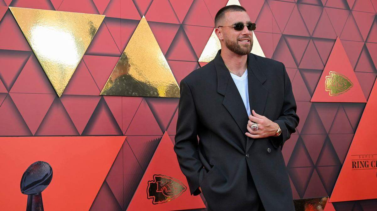 Kansas City Chiefs tight end Travis Kelce, seen here last year on the red carpet at the team’s Super Bowl LVII championship ring ceremony, is competing for the title of Most Stylish NFL Player.