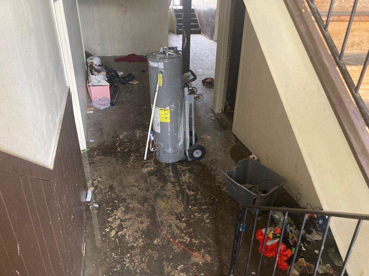 Standing water in the basement of the Cloverleaf Apartments.