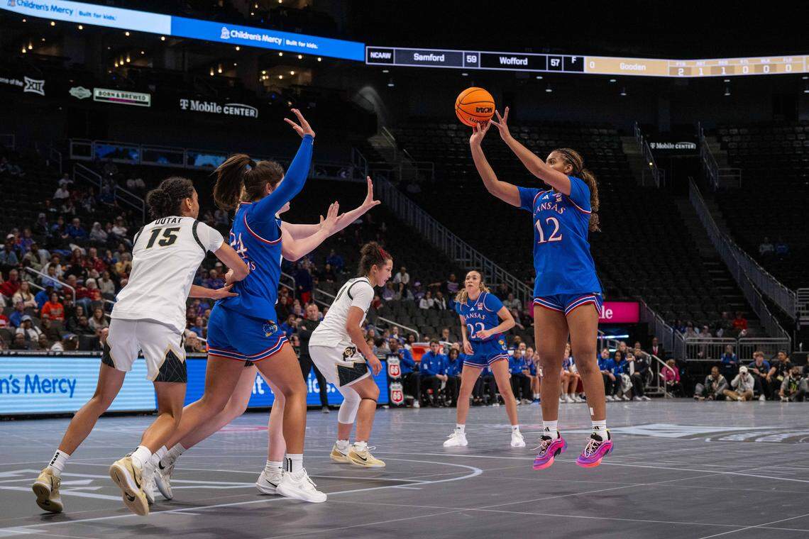 Kansas Jayhawks guard S'mya Nichols (12) shoots a jumpshot in the first half of the Jayhawks first round game of the Big 12 Women's Basketball Tournament on Thursday, March 5, 2026, at T-Mobile Center.