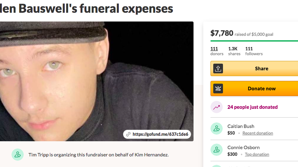 A GoFundMe page was launched to pay for funeral expenses for 15-year-old Kaden Bauswell, who was shot and killed June 8 near an elementary school in Kansas City, Kansas. Two teenagers were arrested by federal authorities in connection to the shooting.