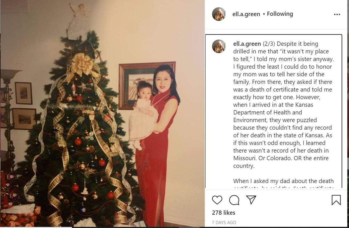 Ellie Green, in a former Instagram post at ell.a.green, sought the truth of the disappearance of her mother, Angela Green, in June 2019.
