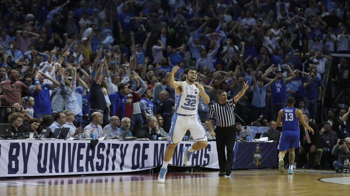 North Carolina's Luke Maye (32) reacts after hitting the game winning shot during the second half of UNC's 75-73 victory over Kentucky in the NCAA Tournament South Regional final at FedExForum in Memphis, TN Sunday, March 26, 2017.