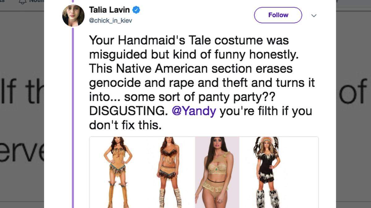 Yandy, the company that just pulled its sexy Handmaid’s Tale” costumes after protests, is under fire for a second year in a row for selling “sexy” Native American costumes. Critics call them “disgusting” and “racist.”