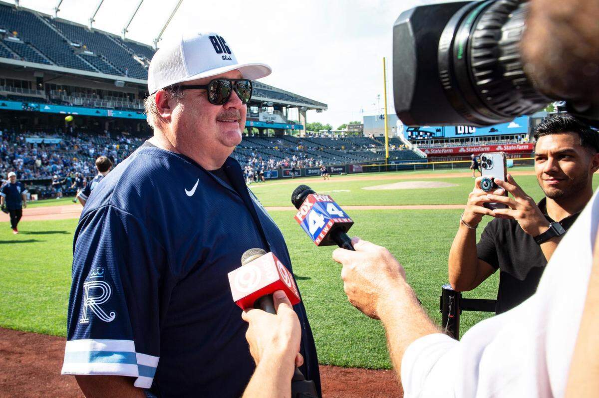 Eric Stonestreet alks with reporters before the Big Slick celebrity softball game at Kauffman Stadium on Friday in Kansas City.