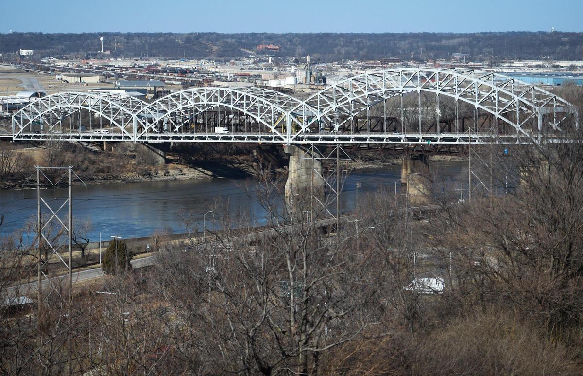 A joint venture involving three Kansas City firms will design and build the new Buck O’Neil Bridge over the Missouri River near the Wheeler Downtown Airport, Missouri highway officials announced in February. Traffic flows over the bridge on Tuesday, March 2, 2021 in Kansas City.