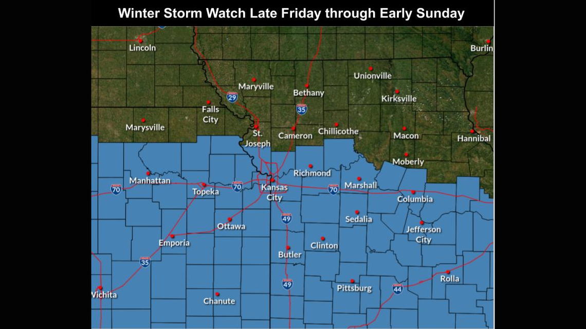A winter storm watch now covers the Kansas City metro, including several counties, with 5 to 7 inches of snow possible, according to the National Weather Service. Travel may be very difficult; consider delaying trips.