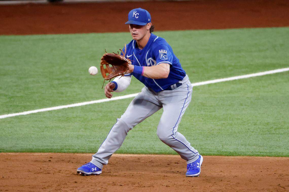 Third baseman Bobby Witt Jr. fields a ball against the Texas Rangers during an alternate training site game April 24 in Arlington, Texas.