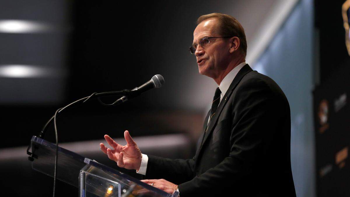 Missouri athletics director Jim Sterk speaks during a news conference to introduce Eliah Drinkwitz as the new head football coach at the University of Missouri Tuesday, Dec. 10, 2019, in Columbia, Mo. Drinkwitz becomes the 33rd head football coach at Missouri after coaching the 2019 season at Appalachian State. (AP Photo/Jeff Roberson)