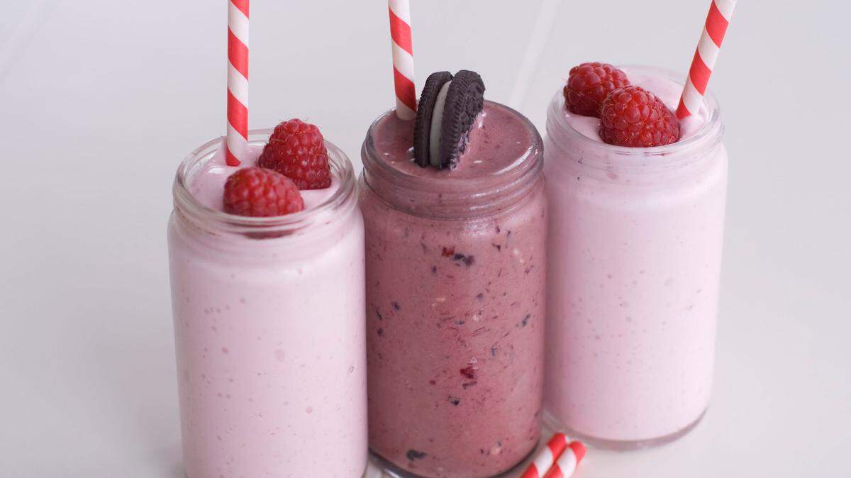 In this image taken on April 23, 2012, a Chocolate Cherry Buttermilk Shake and Raspberry Key Lime Cheesecake Milkshakes are shown in Concord, NH. (AP Photos/Matthew Mead)
