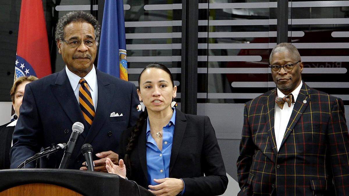 U.S. Reps. Emanuel Cleaver (from left) and Sharice Davids and then-Mayor Sly James hold a news conference at the Kansas City Area Transportation Authority in January 2019. 