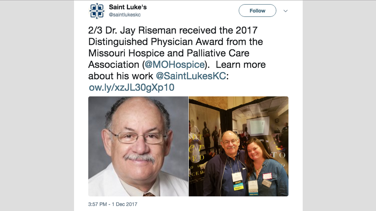 Jay Riseman is now an award-winning hospice and palliative care physician in Kansas City. His Missouri medical license contains no information about the 13 malpractice lawsuits filed against him over 15 years as a surgeon in Illinois.