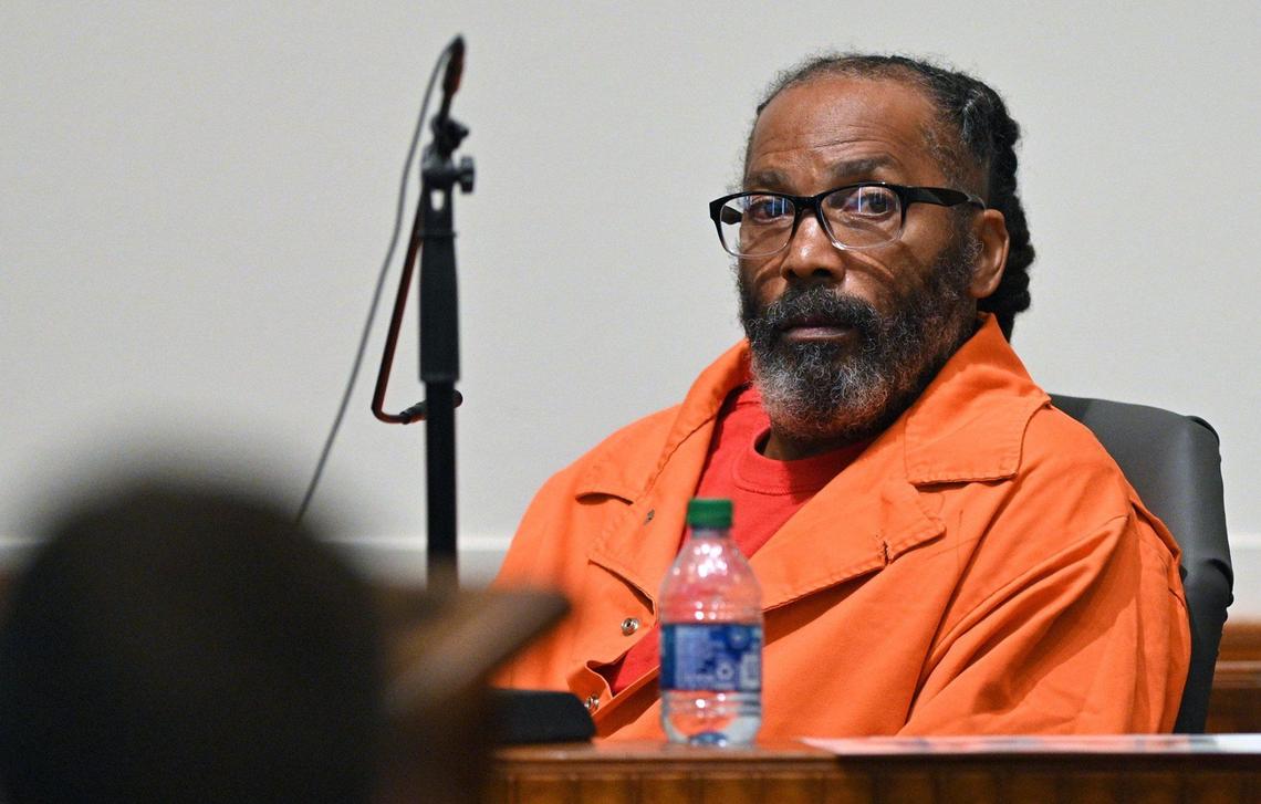 Kevin Strickland answers questions during an evidentiary hearing regarding his innocence on Monday, Nov. 8, 2021 in Jackson County Circuit Court in Kansas City. Many people, including Peters Baker, believe Strickland was wrongly convicted of a triple murder in 1978. Strickland has been incarcerated for the past 43 years.