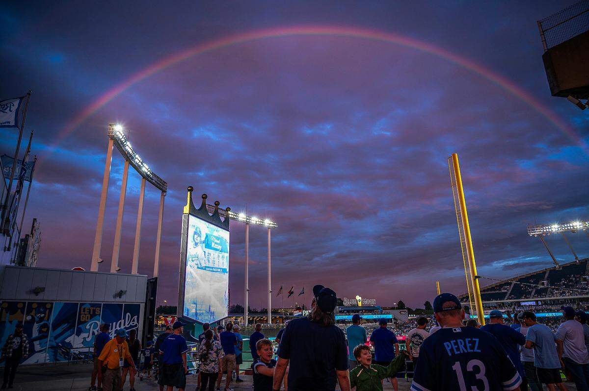 Rain threatened to drown out Wednesday night’s fireworks and drone show at Kauffman Stadium but cleared out and gave fans at the stadium a natural light show in the form of a rainbow.