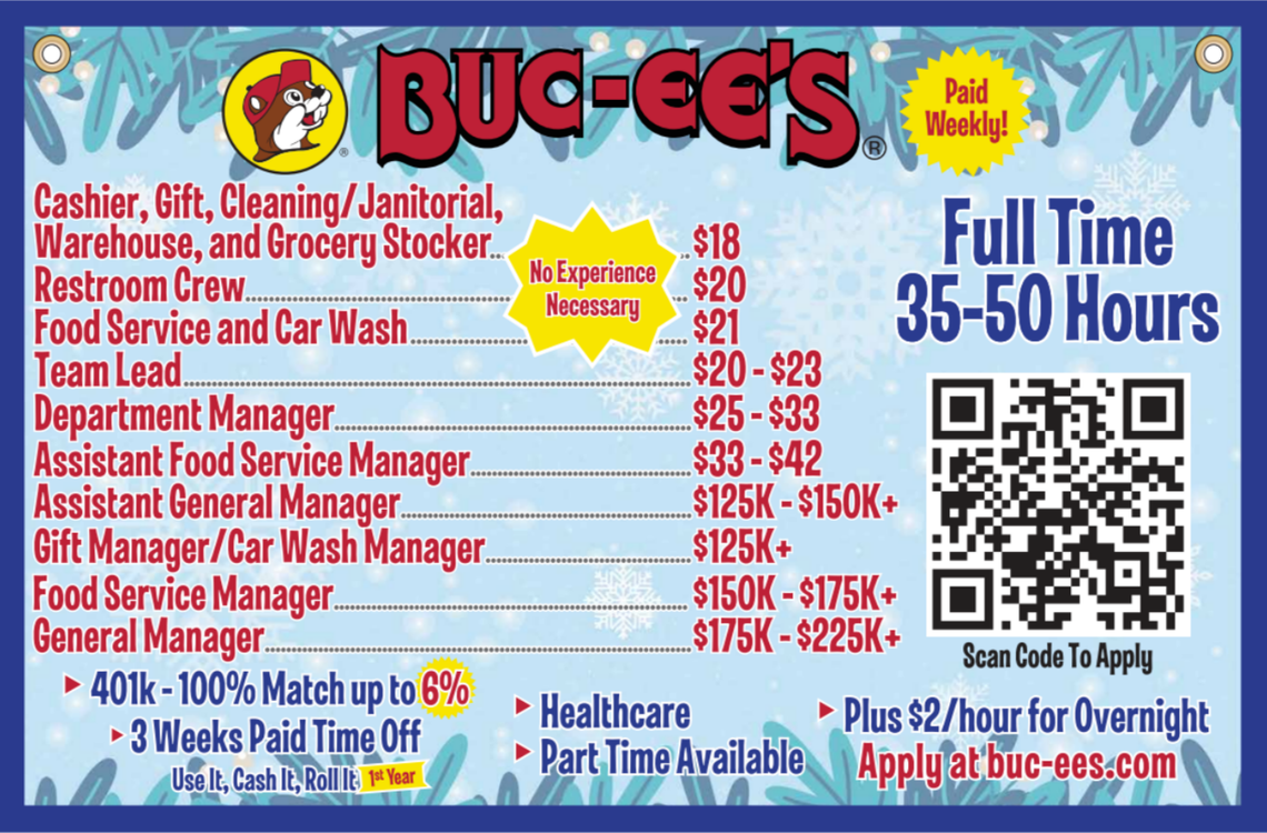 A chart shows wages for a variety of positions at Buc-ee’s gas stations.