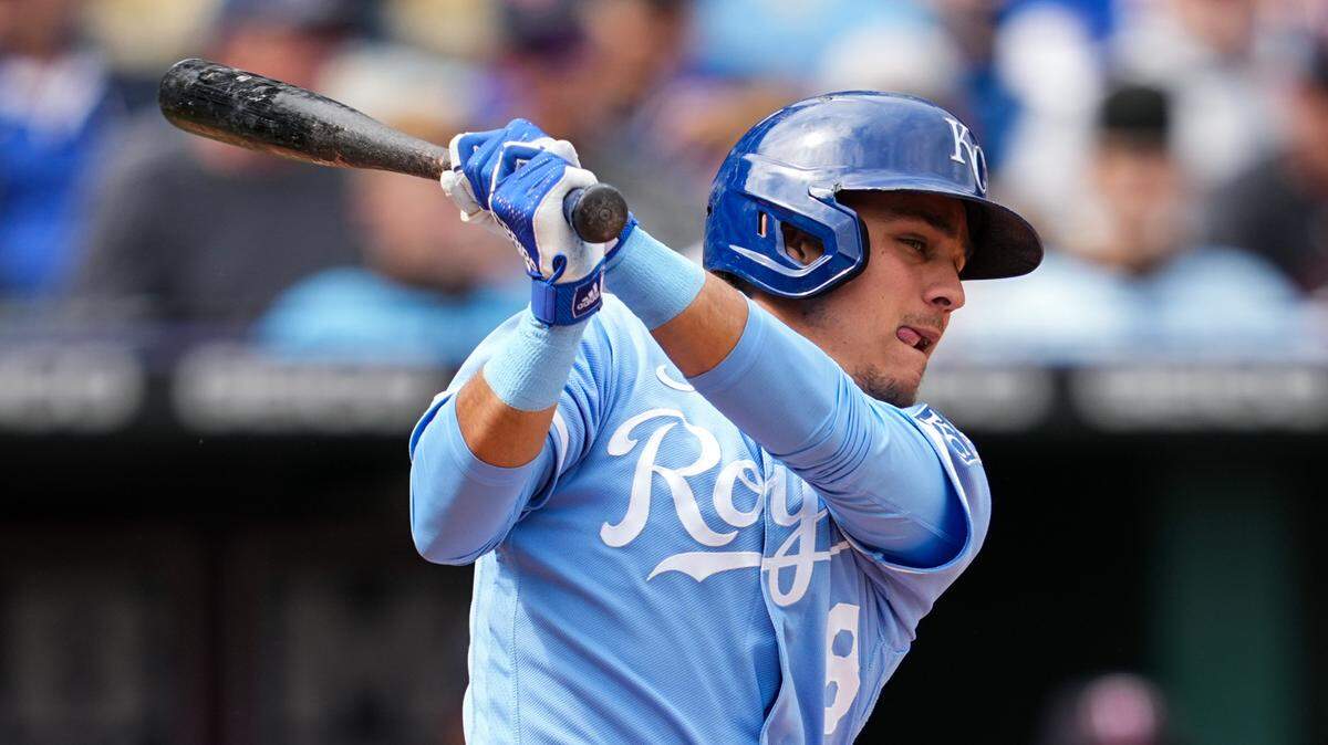 Kansas City Royals second baseman Nicky Lopez (8) bats during the fourth inning against the Minnesota Twins at Kauffman Stadium on Sept. 22, 2022.