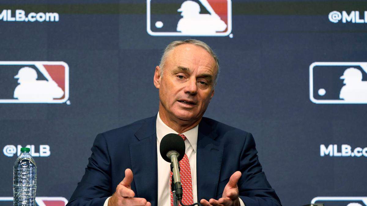Major League Baseball commissioner Rob Manfred speaks during a news conference in Arlington, Texas, Thursday, Dec. 2, 2021. Owners locked out players at 12:01 a.m. Thursday following the expiration of the sport’s five-year collective bargaining agreement. (AP Photo/LM Otero)