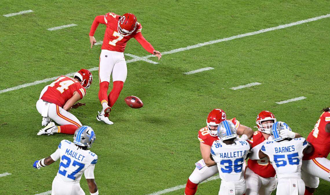 Kansas City Chiefs kicker Harrison Butker (7) missed on this point after attempt in the first quarter against the Detroit Lions on Sunday, Oct. 12, 2025, at GEHA Field at Arrowhead Stadium.