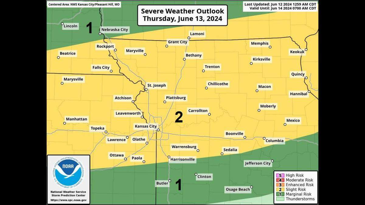 Strong to severe thunderstorms will be possible in the Kansas City area on Thursday afternoon and evening, according to the National Weather Service. The primary threats are large to giant hail and damaging winds. There’s a chance that the storms won’t develop at all.