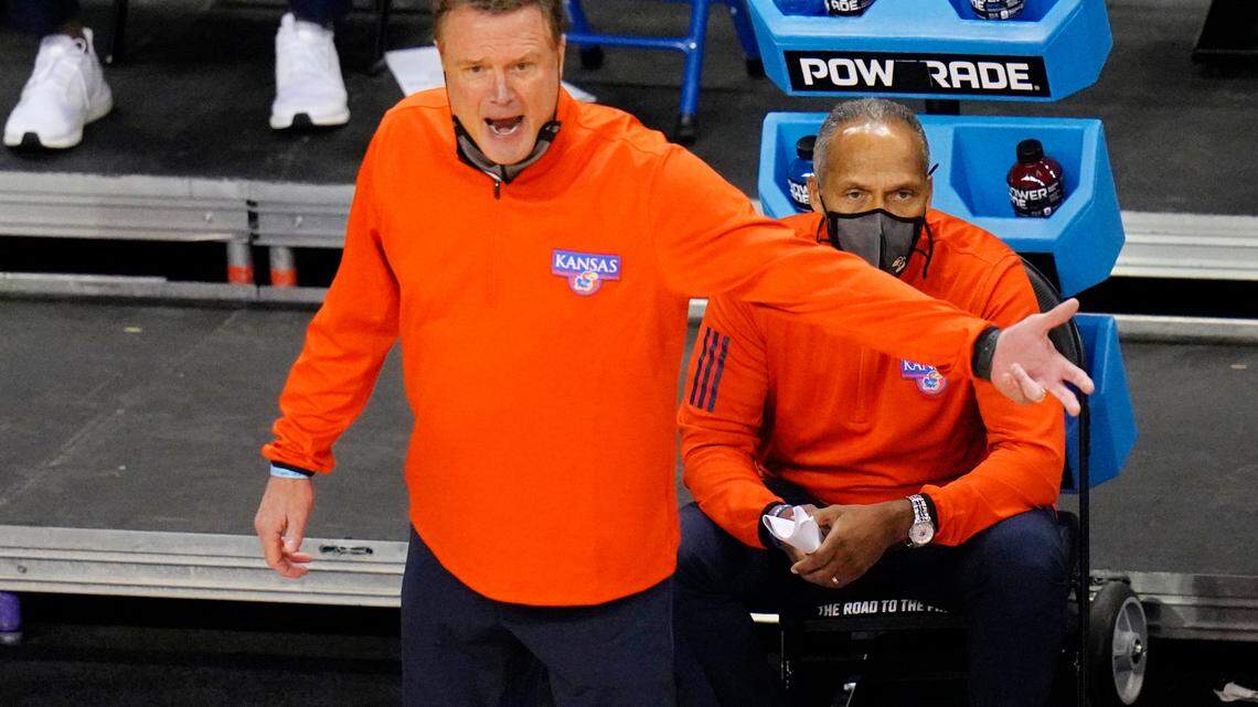 Kansas head coach Bill Self directs his team during the second half of a first-round game against Eastern Washington in the NCAA college basketball tournament at Farmers Coliseum in Indianapolis, Saturday, March 20, 2021. (AP Photo/AJ Mast)