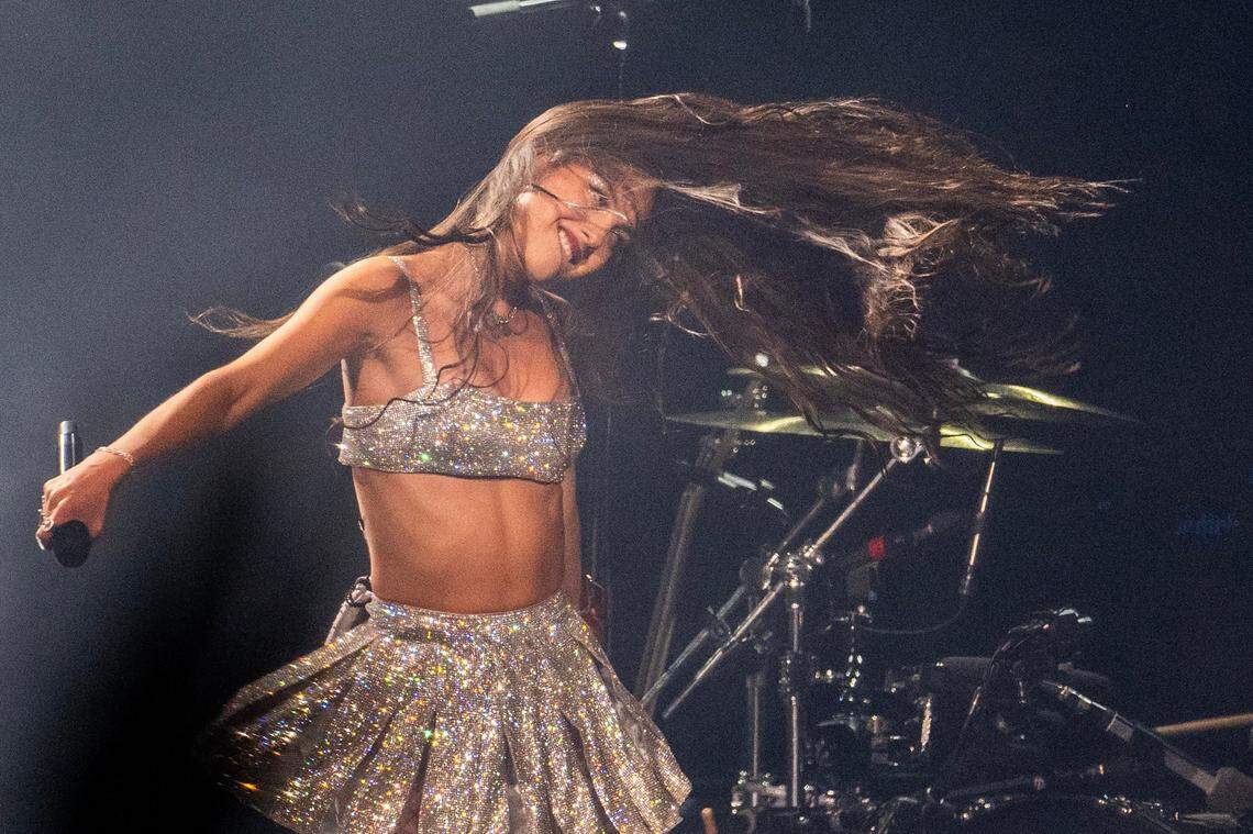 Singer Olivia Rodrigo performs the song ‘ballad of a homeschooled girl’ during her Guts World Tour concert at T-Mobile Center on Friday.