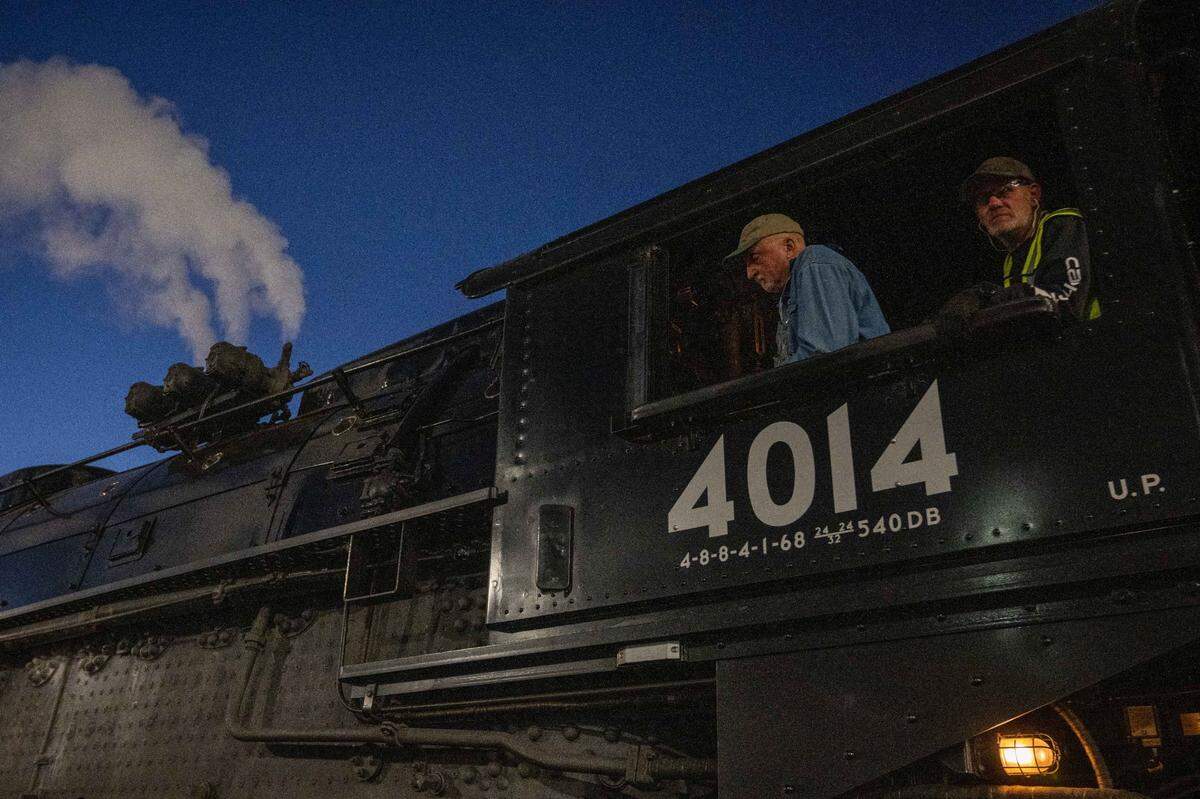 Train drivers operate the Union Pacific’s Big Boy as it rolls into Kansas City on Tuesday, Oct. 15, 2024.