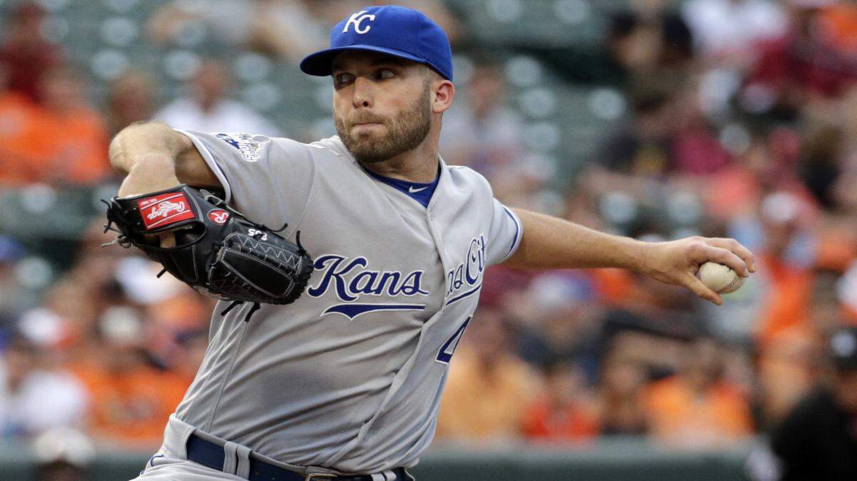 Kansas City Royals starting pitcher Danny Duffy throws to the Baltimore Orioles in the first inning of a baseball game in Baltimore, Monday, June 6, 2016. 