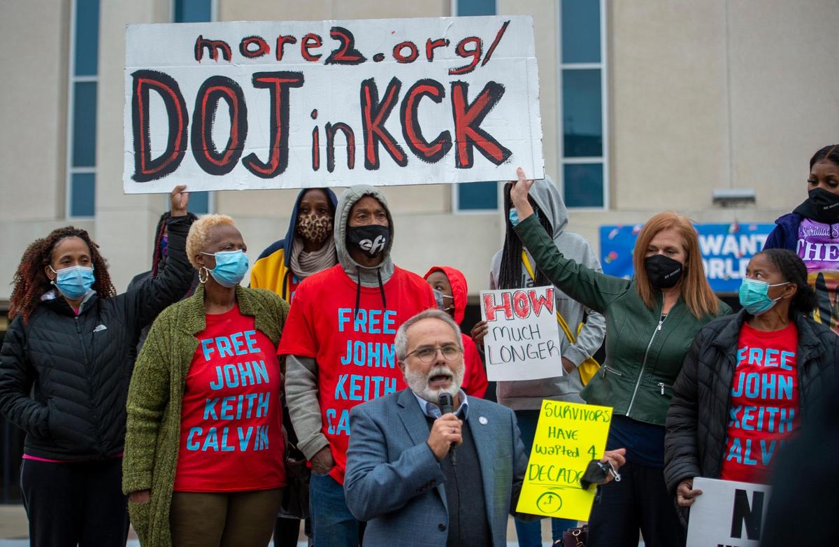 The Rev. Rick Behrens of Grandview Park Presbyterian Church of Kansas City, Kansas, spoke during a rally organized by MORE2 on Oct.25, 2021, outside the offices of the Unified Government of Wyandotte County. The groups demanded an investigation of the Kansas City, Kansas, Police Department.
