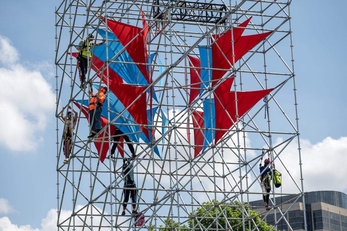 Construction crews prepare the FIFA Fan Festival site during a media walkthrough at the National WWI Museum and Memorial on Wednesday, May 27, 2026, in Kansas City.