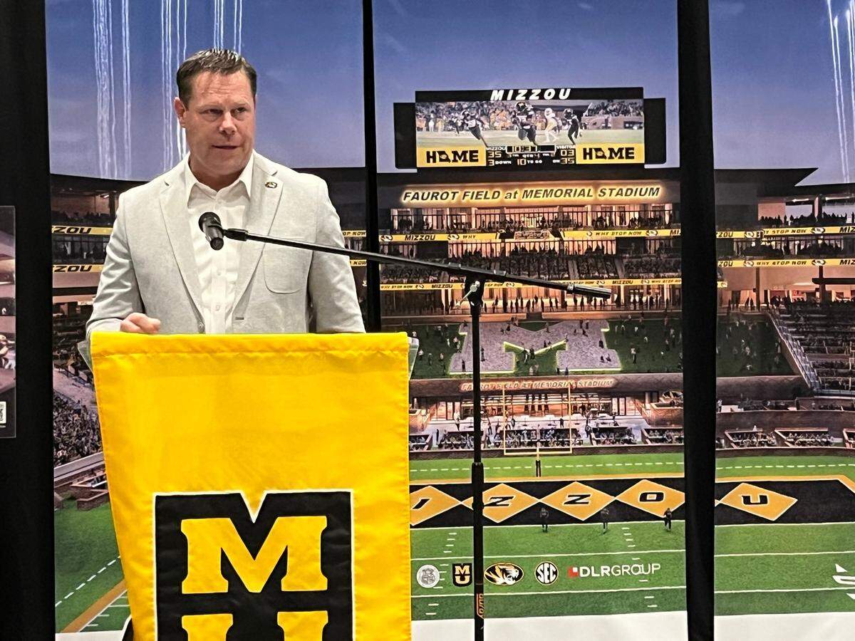 Missouri athletic director Laird Veatch speaks to the university’s $250 million Memorial Stadium improvements, unanimously approved by the University of Missouri Board of Curators on Thursday in Kansas City.