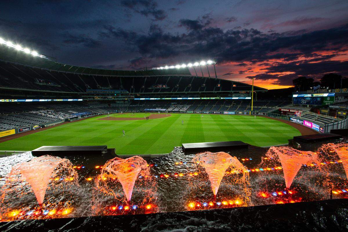 An empty Kauffman Stadium didn’t stop the fountains from flowing Friday night in the home opener for the Kansas City Royals on July 31, 2020.