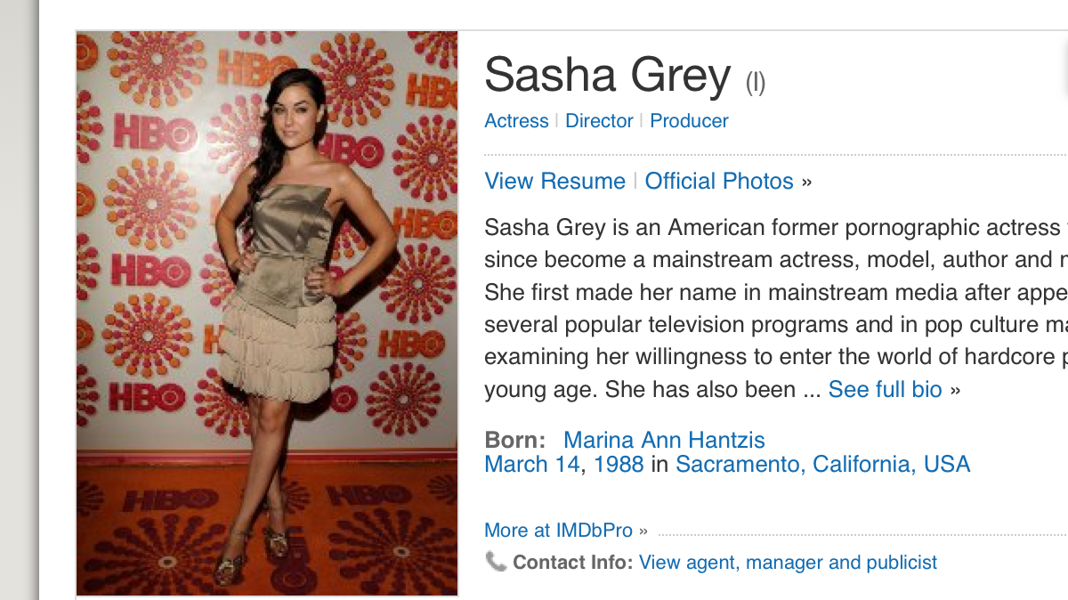 A screenshot from the IMDB website of Sasha Grey