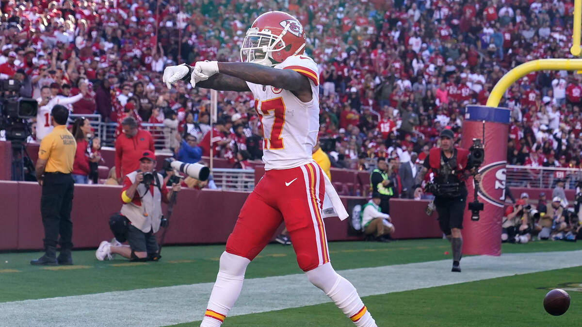 Kansas City Chiefs wide receiver Mecole Hardman (17) celebrates after scoring a touchdown against the San Francisco 49ers during the second half of an NFL football game in Santa Clara, Calif., Sunday, Oct. 23, 2022.
