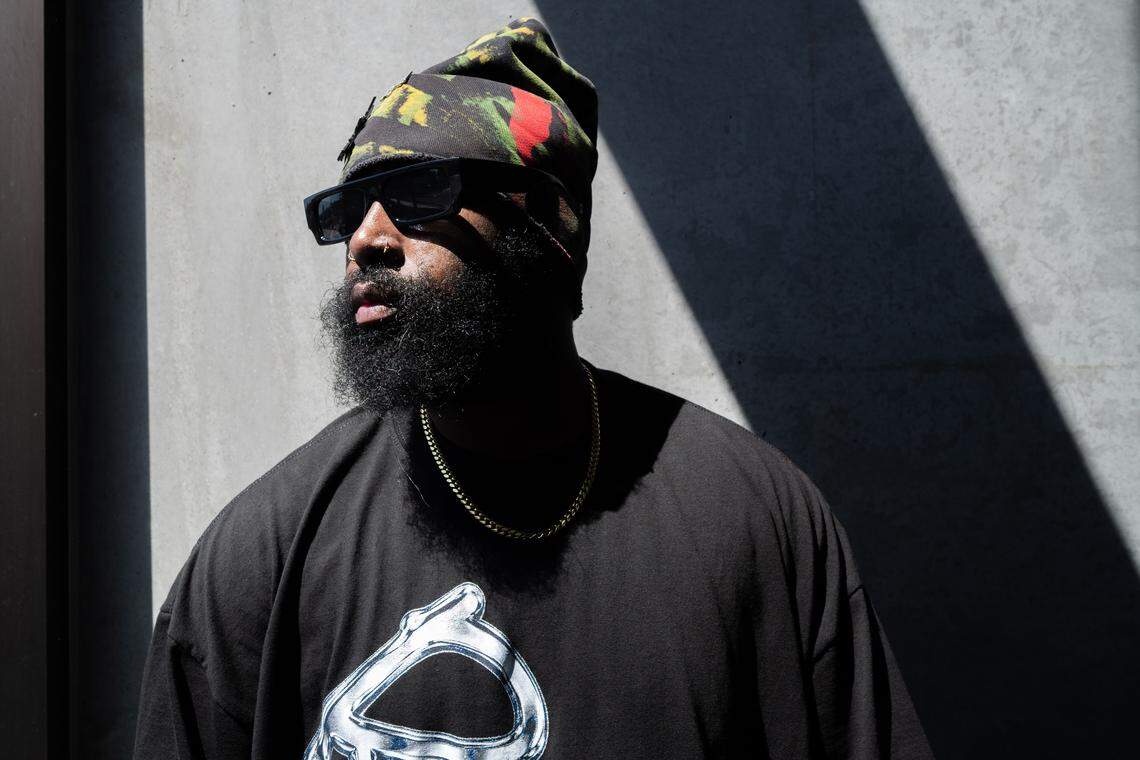 Tyrell Griffin, aka “KonWork,” in downtown Kansas City, on Thursday, April 23. Griffin, a Kansas City native, will be competing in the Red Bull Dance Your Style Midwest Regional Qualifier at Kauffman Center of Performing Arts.