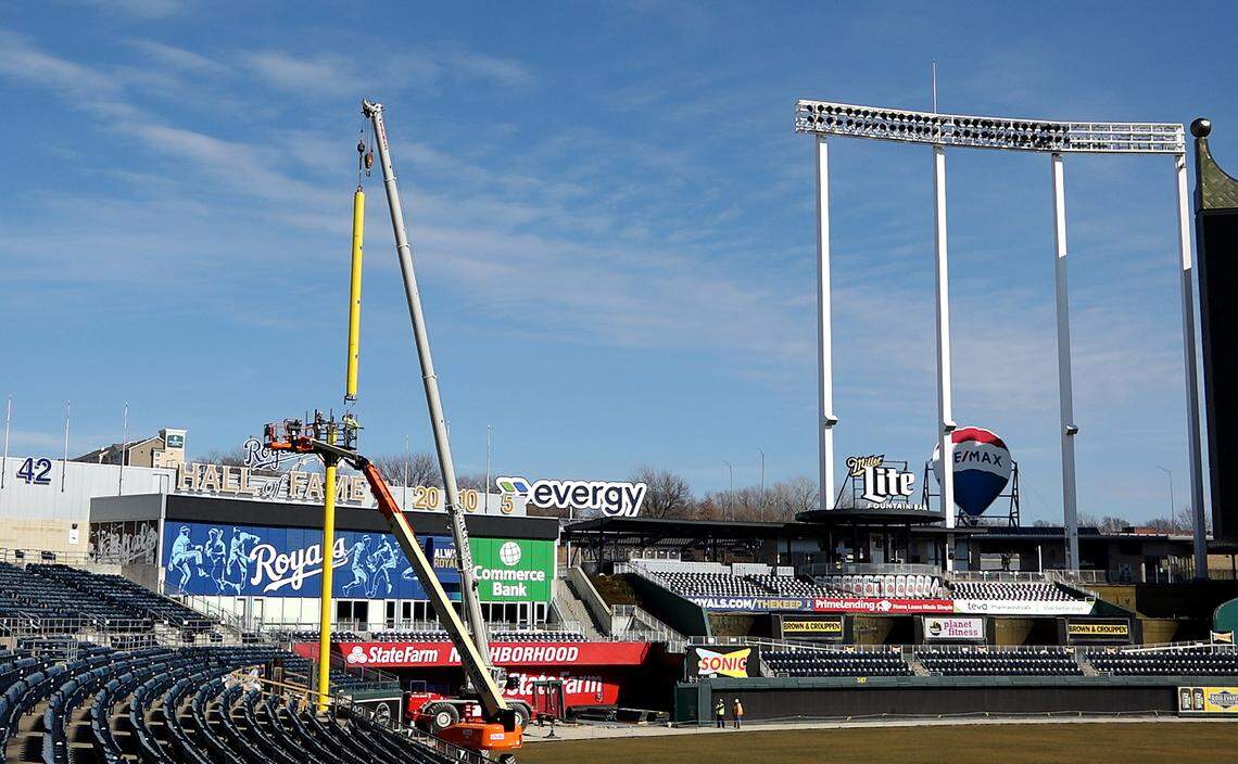 New foul poles were being installed at Kauffman Stadium Tuesday, Feb. 18, 2020. It is a precaution against potential problems when extended safety netting is attached. All 30 MLB teams are extending the safety netting from foul pole to foul pole to protect fans from foul balls.