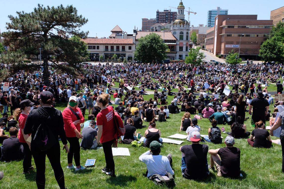 Hundreds of protesters gathered Sunday near the Country Club Plaza in Kansas City to demonstrate against police brutality. Protests were sparked across the country by the death of George Floyd.