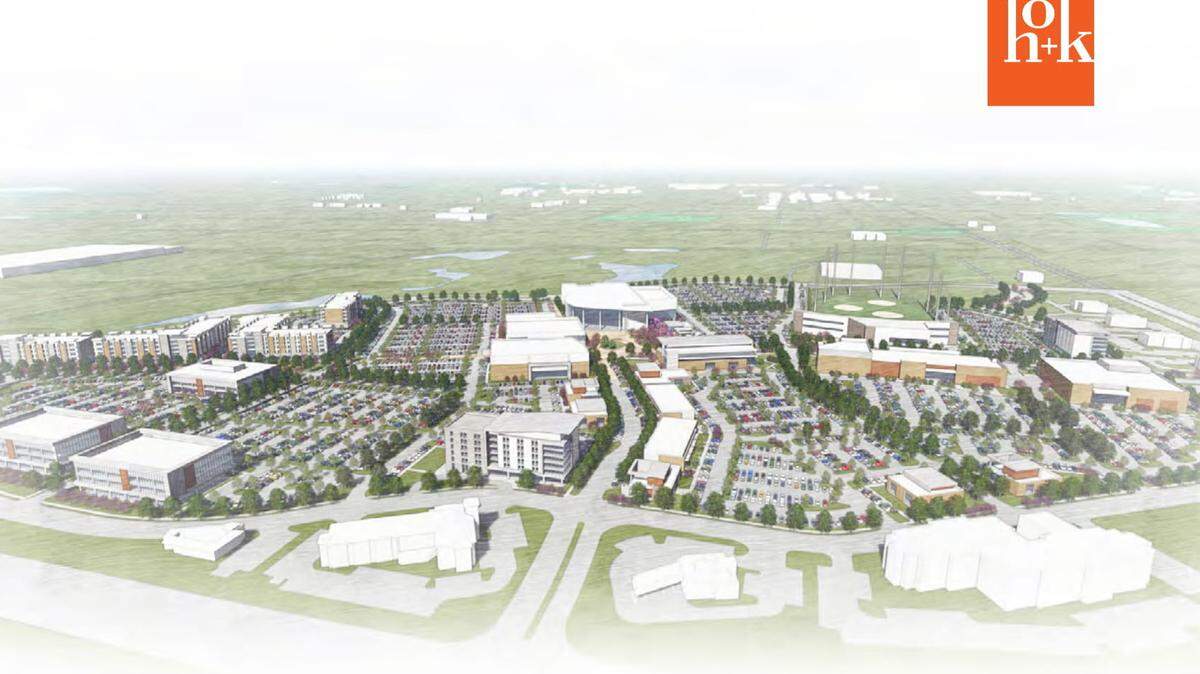 This rendering from Salt Lake City-based Woodbury Corporation shows what the former Great Mall of the Great Plains property at Interstate 35 and 151st Street could look like after the 100-acre is redeveloped. The site is envisioned to have a 4,000-seat arena and community ice center for youth hockey, as well as about 250,000 square feet of entertainment, retail and restaurant venues, plus 200,000 square feet of office and medical spaces, 300 apartment units and two hotels.