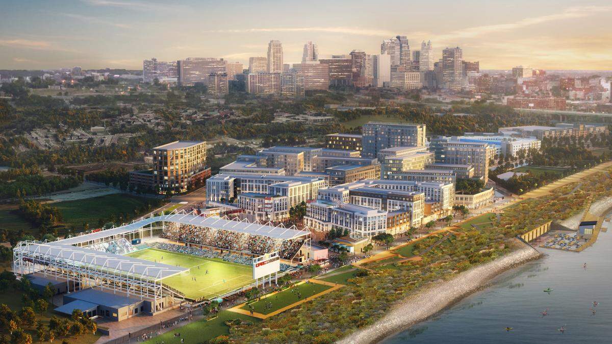 Here’s a rendering of planned mixed-use development adjacent to the new CPKC Stadium along the Missouri River frontage near downtown.