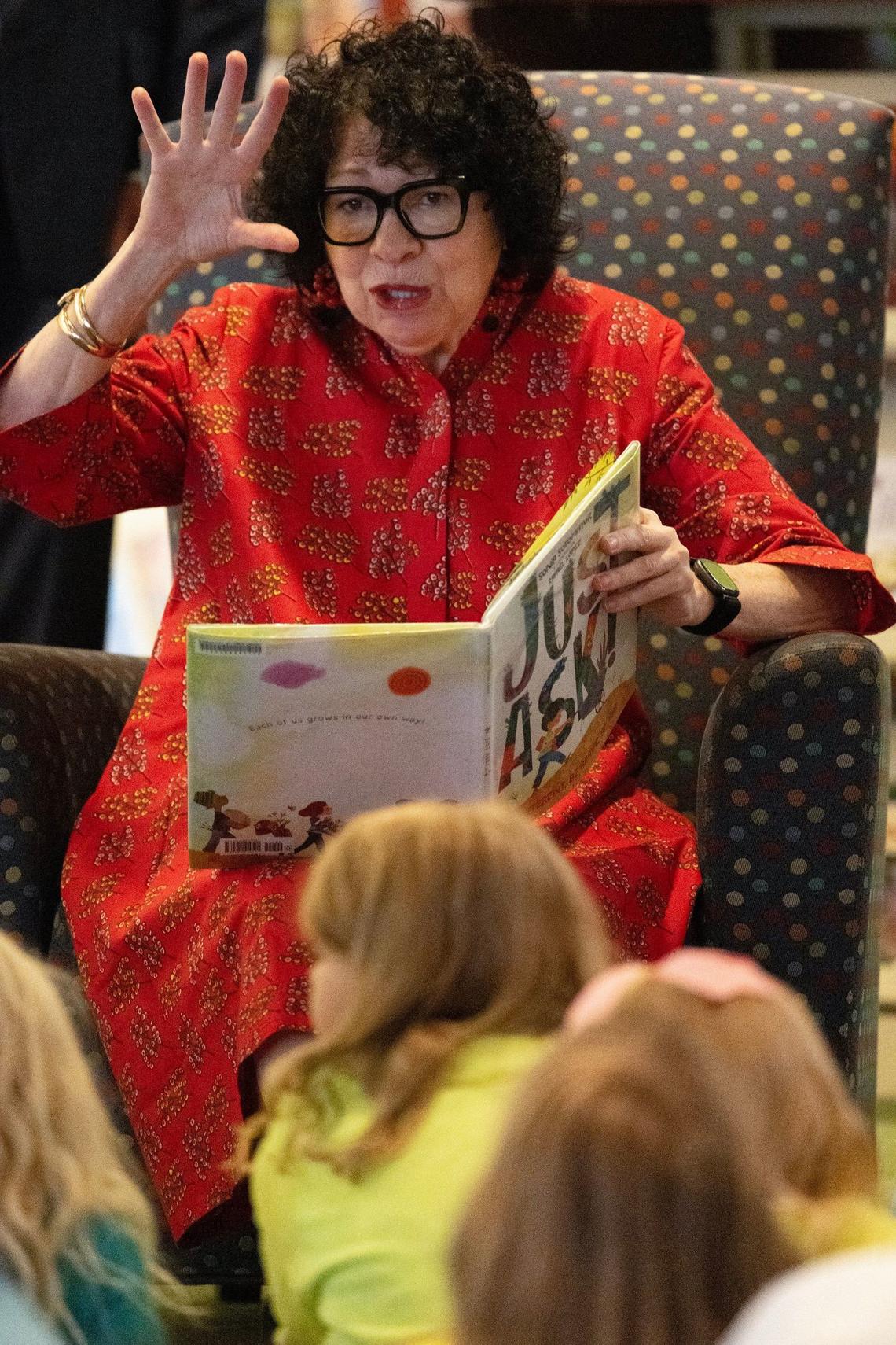 Justice Sotomayor was animated while she read her book to the group of children at the Central Library on Friday.