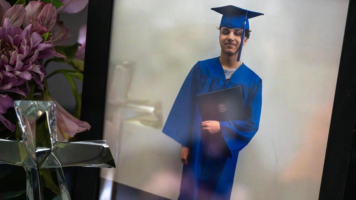A framed photo of Charles Sanders is seen on Tuesday, May 20, 2025, in Liberty. Sanders, 17, was fatally shot in Kansas City’s Northland on April 23.