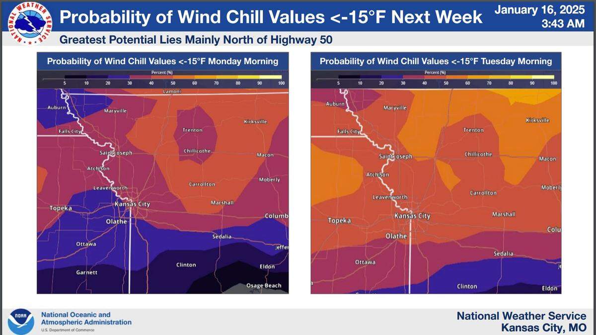 A blast of arctic air will bring extremely cold weather to the Kansas City area on Sunday, according to the National Weather Service. Wind chills will possible drop between -10 and -15 degrees. The above chart shows that areas norht of the U.S. 50 highway have the greatest chance of wind chill values dropping 15 degrees below zero.