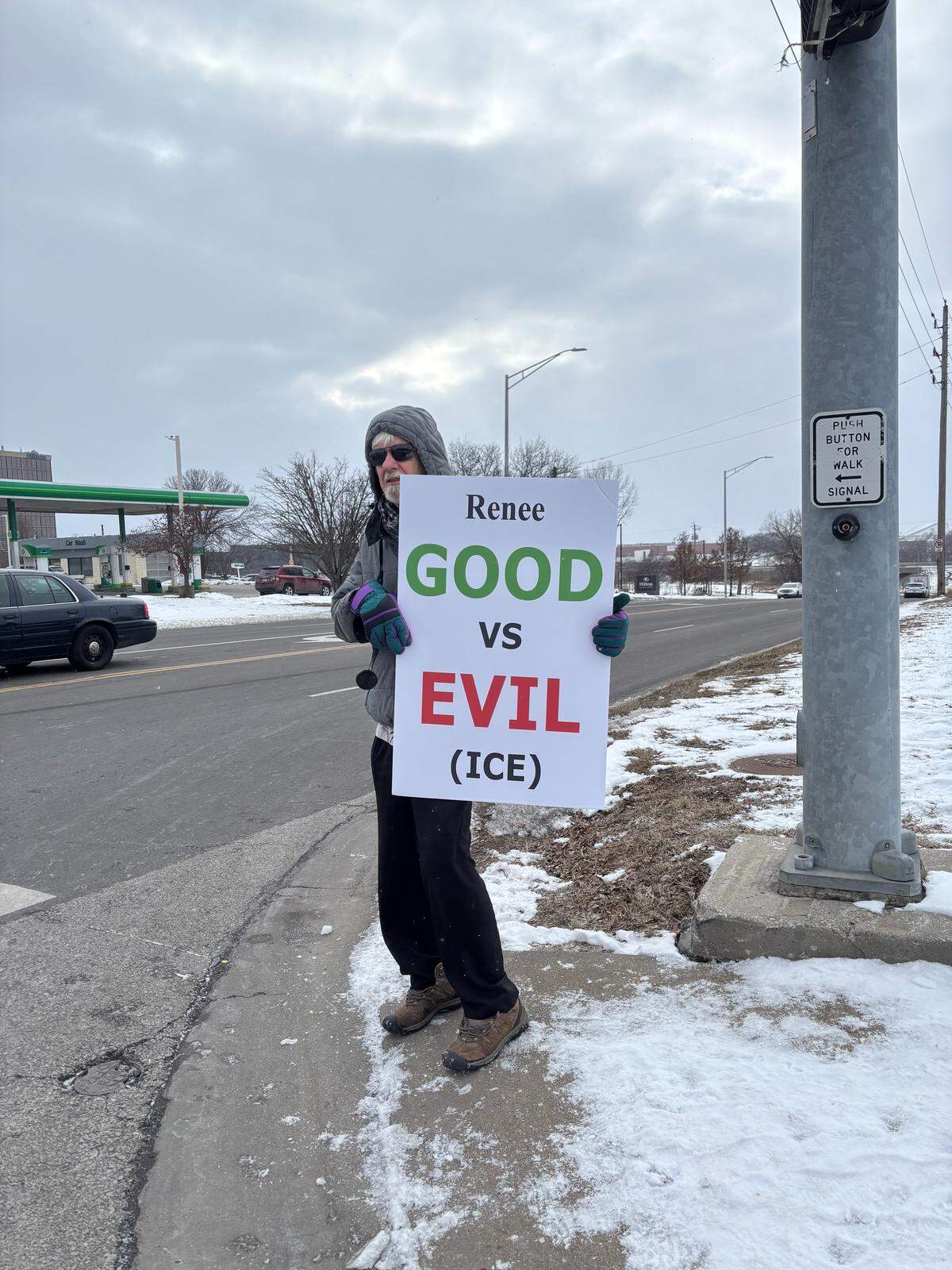 Thomas Muther of Topeka has traveled around to protest the action of ICE and the federal government, from Oklahoma to Minneapolis. He was at a demonstration in Kansas City’s Northland on Friday, Jan. 30