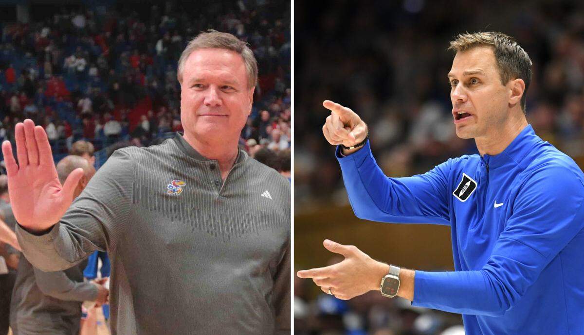 Kansas Jayhawks men’s basketball coach Bill Self, left, leads his No. 1-ranked team against Duke and coach Jon Scheyer on Tuesday, Nov. 26, 2024, in Las Vegas.