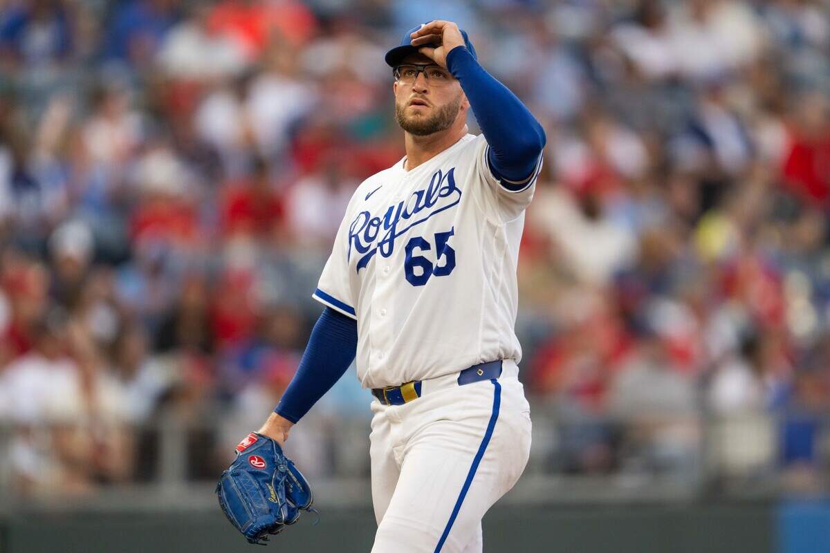 Royals pitcher Noah Cameron takes a pause during KC’s 14-6 win against the St. Louis Cardinals at Kauffman Stadium in Kansas City on Thursday, June 18, 2026.