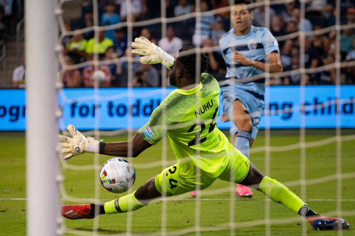 Sporting Kansas City forward Dániel Sallói scores in the second half the quarter finals of the U.S. Open Cup against Union Omaha on June 22, 2022, at Children’s Mercy Park in Kansas City, KS. Sporting Kansas City went on to win 6-0.