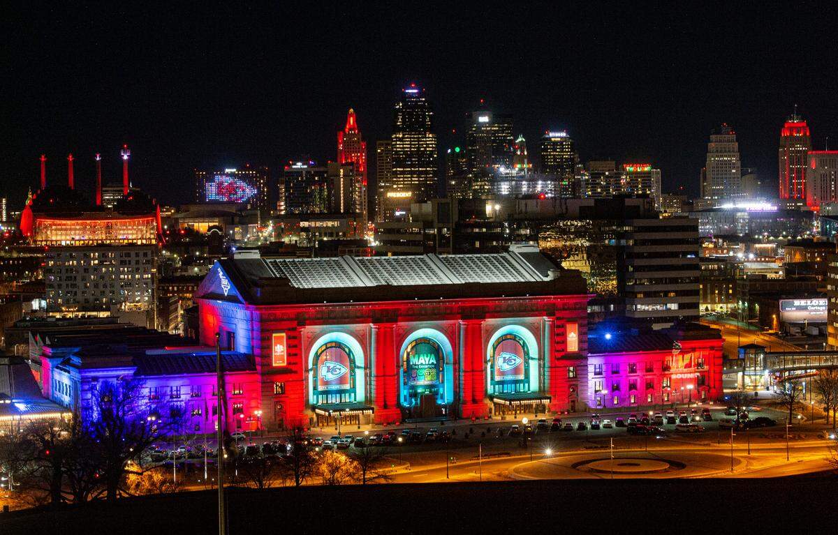 Union Station, along with several other buildings that make up downtown Kansas City’s skyline, glowed red the week before the Kansas City Chiefs were set to play in their third Super Bowl in four years. A decade of winning sports franchises in has helped reset the city’s image.