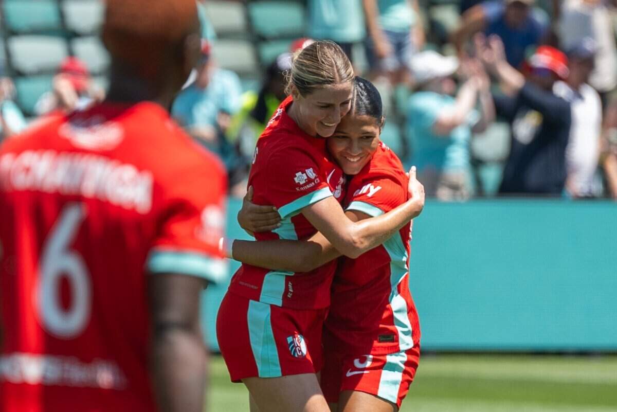 Kansas City Current forward Haley Hopkins (13) celebrates after scoring a goal in the Current's match vs. Portland Thorns FC on Sunday, May 24, 2026, at CPKC Stadium.