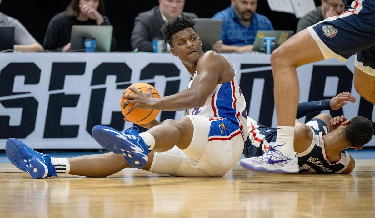 Kansas Jayhawks forward K.J. Adams (24) looks to pass the ball against the Gonzaga Bulldogs during a men’s college basketball game in the second round of the NCAA Tournament on Saturday, March 23, 2024, in Salt Lake City, Utah.