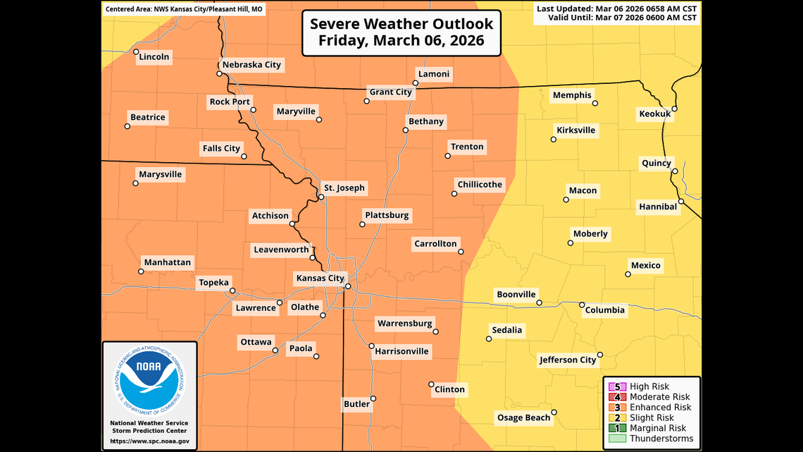 Because of the possibility of severe weather on Friday, the National Weather Service’s Storm Prediction Center has placed parts of eastern Kansas and western Missouri, including the Kansas City area, under an “enhanced” risk, the third level out of five on its severe weather scale.