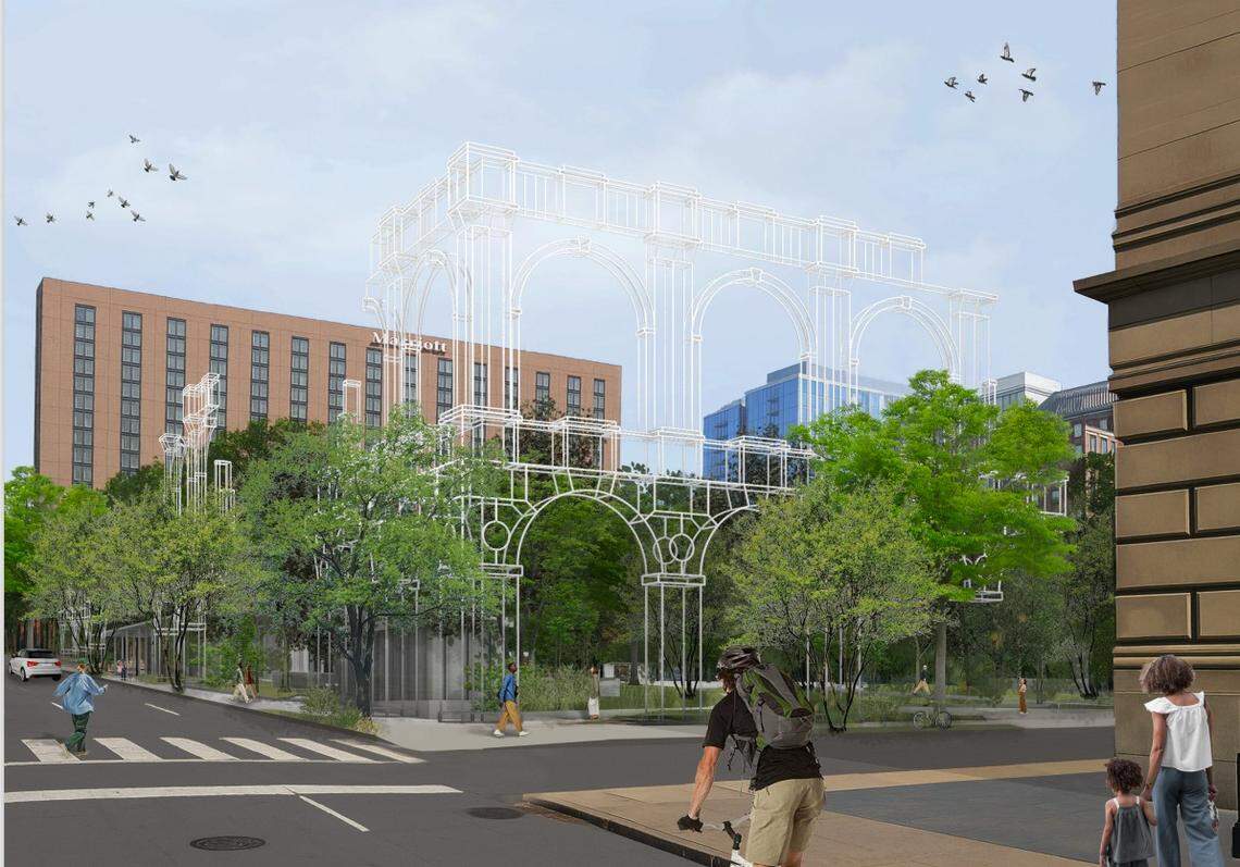 Rendering of the southwest corner of the new Barney Allis Plaza showig a piece of “Kansas City Spirit, Memory and Resilience,” a steel sculpture meant to evoke the “memory” of the 1899 KC Convention Center that once occupied the space.